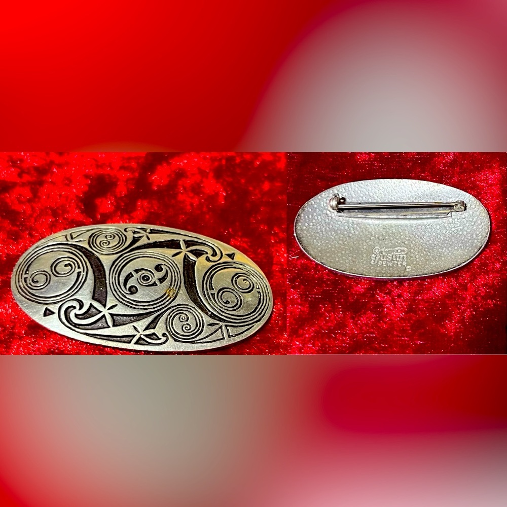 VTG St. Justin Pewter Celtic Spiral Oval Brooch Silver Tone 2” Signed Cornwall